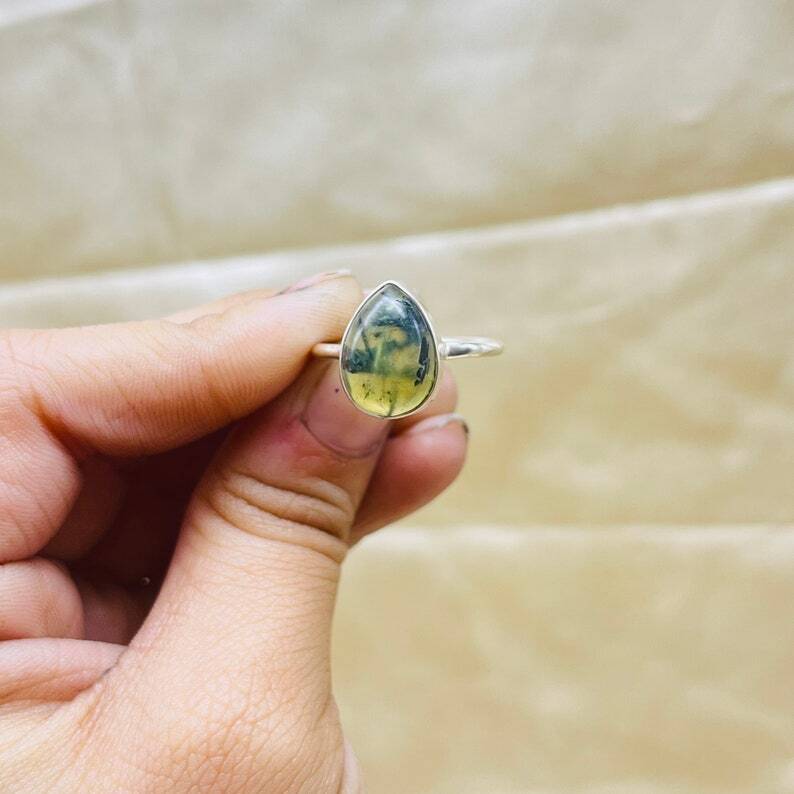 Natural Prehnite Silver Ring Solid 925 Sterling Silver Green Prehnite Gemstone