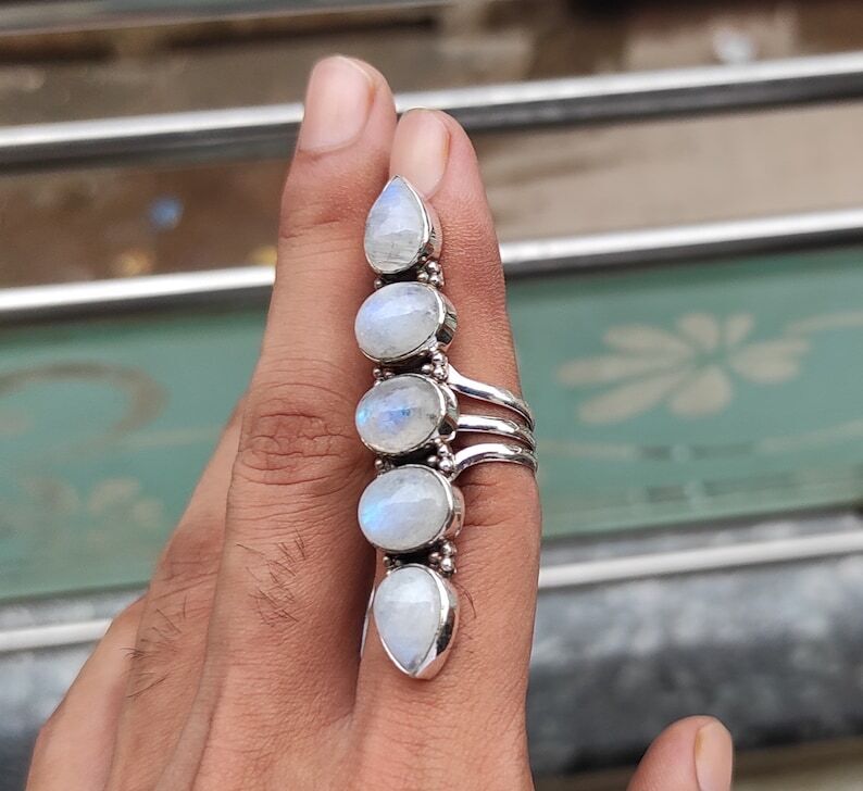 Rainbow Moonstone Ring 925 Sterling Silver Gemstone Silver Ring Five Stone