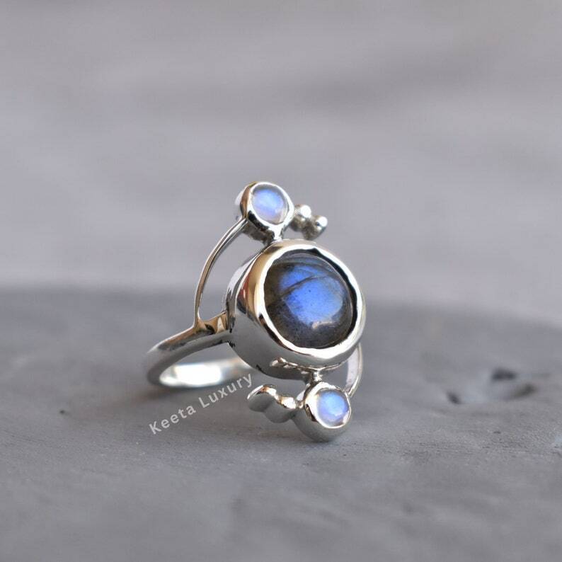 Natural Moonstone and Labradorite ring Blue flashy two gemstone ring Sterling