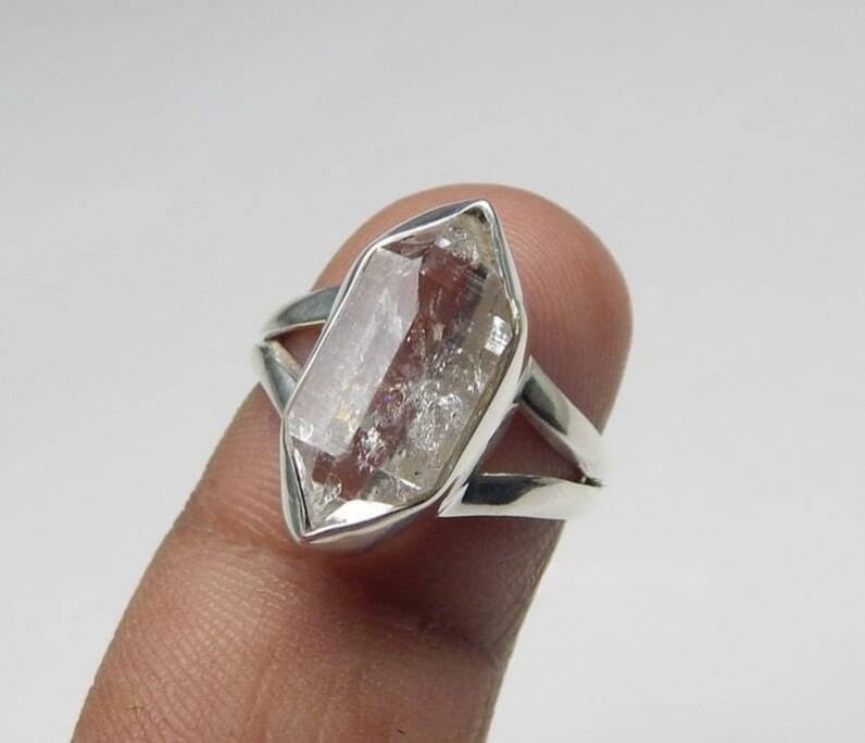 Natural Raw Herkimer Diamond Ring – 925 Sterling Silver Handmade Promise Ring