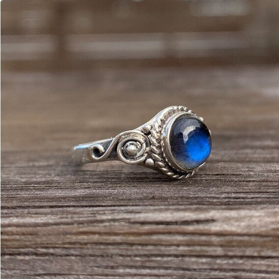 Mystic Wave Blue Labradorite Ring – Artisan 925 Silver Boho Natural Gemstone Jewellery